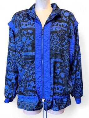 90s Retro Blue & Black Geometric Windbreaker Jacket